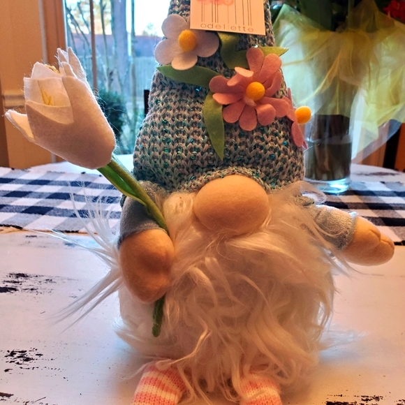 odellette Other - 🐰 Large Easter Gnome Blue Sequin Accent Holding Flower Floral Applique Hat💐New